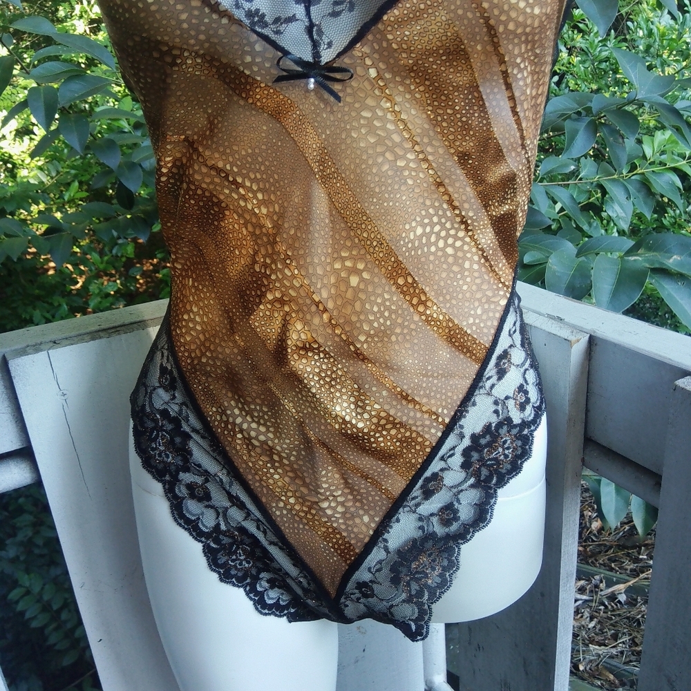 Shirley of Hollywood Vintage 80s 90s Gold Black Lace Sheer Mesh Teddy Lingerie - Picture 6 of 14